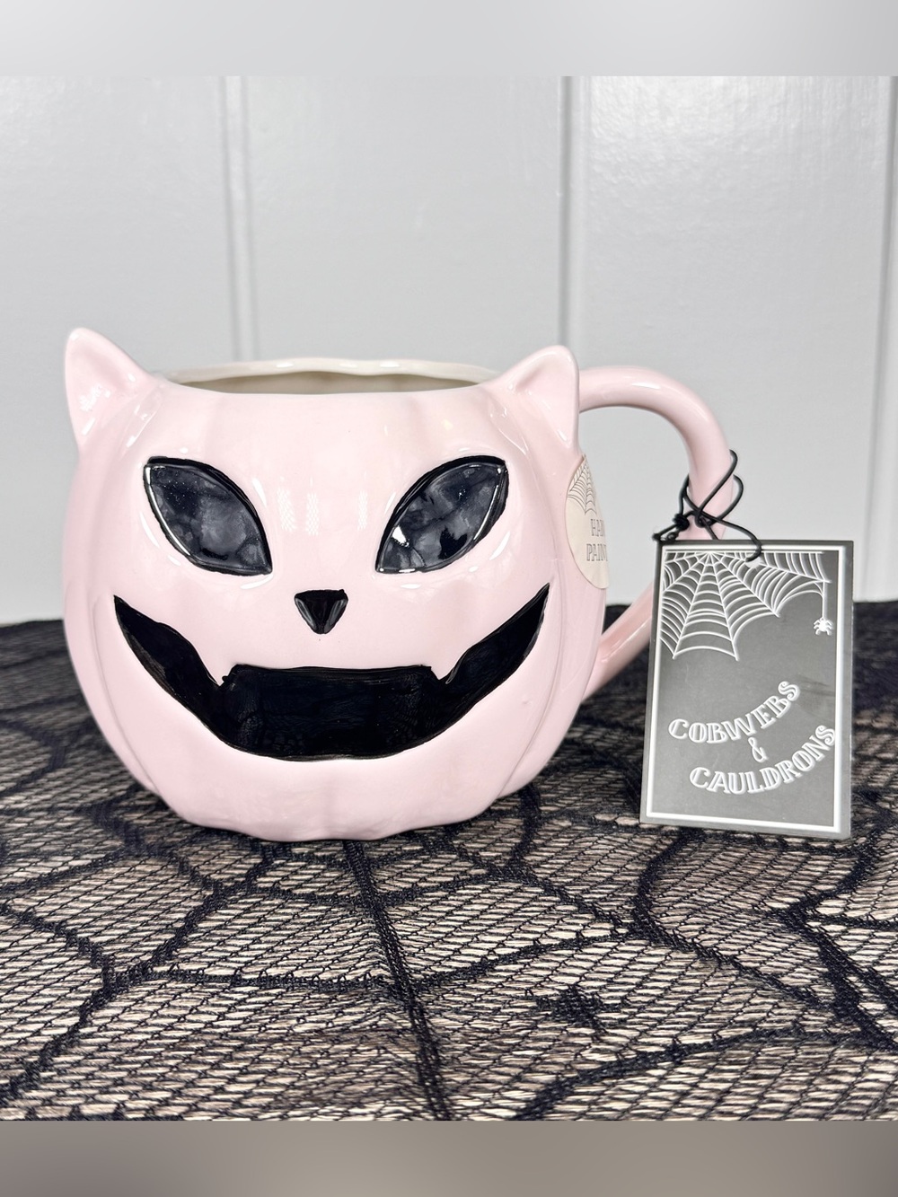 NEW Cobwebs & Cauldrons Pink Pumpkin Cat Halloween Mug